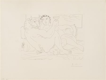 Pablo Picasso (Malaga 1881 - Mougins 1973)  - Minotaure, une Coupe à la Main, et jeune Femme, Tav. 83 de La Suite Vollard, 1933