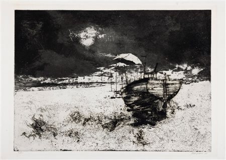 Renzo Vespignani (Roma 1924 - 2001)  - Barca in secca, 1958