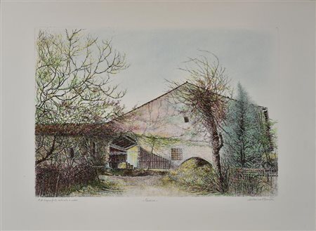Marisa Benetti CASCINA acquaforte colorata a mano, cm 36x52, su foglio cm...