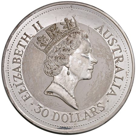  - "ELISABETTA II, 30 DOLLARI, AUSTRALIA" "IL KOOKABURRA AUSTRALIANO 1 KILO 999 ARGENTO 1992", qFDC.