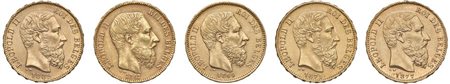 - BELGIO, LOTTO COMPOSTO DA 5 MONETE D'ORO DA 20 FRANCHI.