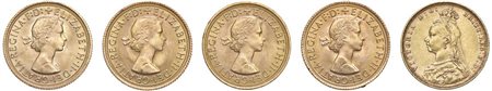  - 5 MONETE IN ORO GRAN BRETAGNA, ANNI VARI, SPL.