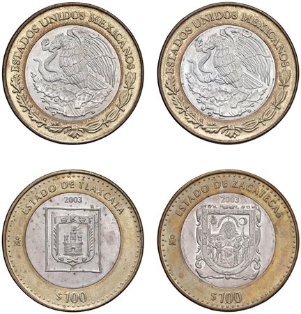  - MESSICO 4 MONETE DA $100 PESOS BIMETALLICA, YUCATAN, VERACRUZ-LLAVE, TLAXCALA, ZACATECAS.