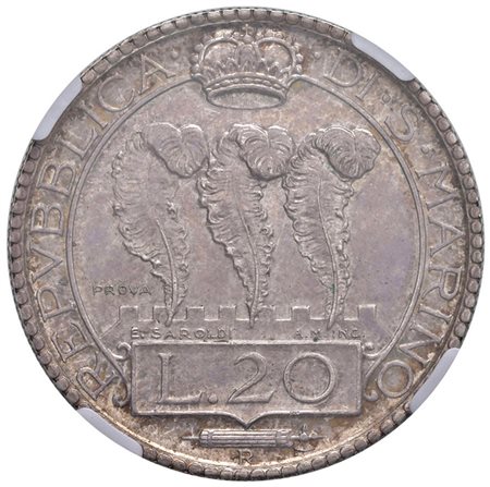  - 20 LIRE SAN MARINO 1937 PROVA TIRATURA DI 100 ESEMPLARI IN SLAB NGC MS 62.