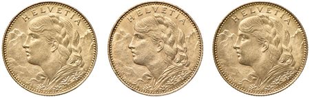  - SVIZZERA, LOTTO COMPOSTO DA 3 MONETE DA 10 FRANCHI, 1922 qFDC.