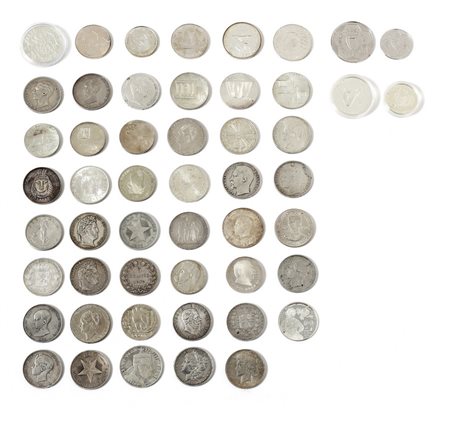  - LOTTO COMPOSTO DA 47 MONETE VARIE IN ARGENTO MODULO SCUDO VARIE EPOCHE E NAZIONI, DUE MEDAGLIE ITALIA CAMPIONE DEL MONDO 1982 E DITTICO SEOUL 1988.