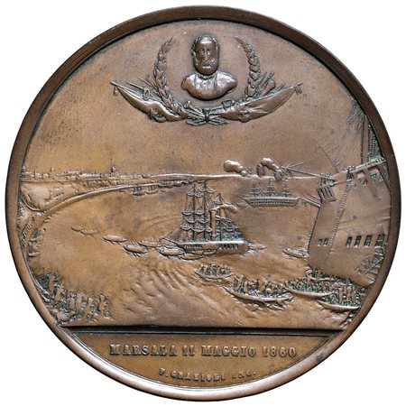  - MEDAGLIA IN BRONZO A RICORDO DELLO SBARCO DEI MILLE A MARSALA OPUS F. GRAZIOLI DIAMETRO 66,50MM GR. 84 EMESSA ALL'INCIRCA NEL 1870 RR SPLENDIDO ESEMPLARE.