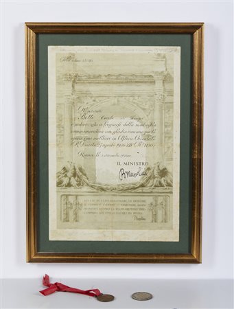  - MEDAGLIA AOI CON ATTESTATO IN CORNICE FIRMATO DA BENITO MUSSOLINI E TALLERO.