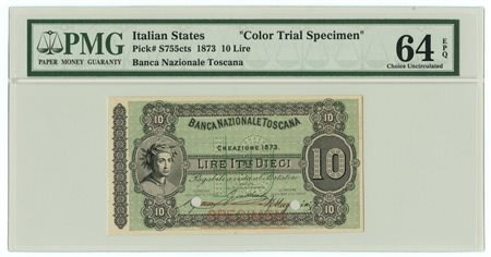  - 10 LIRE SPECIMEN (VERDE) BANCA NAZIONALE TOSCANA EFFIGE DANTE 1873 qFDS.