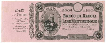  - 25 LIRE CAMPIONE CON MATRICE BANCO NAPOLI BIGLIETTO PORTATORE CAVOUR 1883 SUP+.