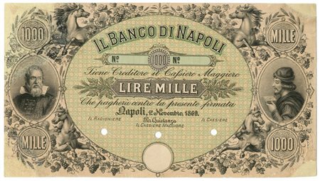  - 1000 LIRE PROOF SU CARTONCINO UNIFACE BANCO DI NAPOLI FEDE CREDITO 01/11/1869 MB.