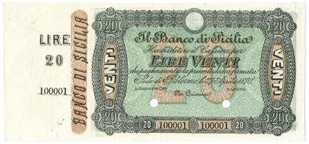  - 20 LIRE SPECIMEN CON MATRICE BANCO DI SICILIA FEDE DI CREDITO 27/04/1870 SUP.