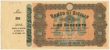 - 200 LIRE SPECIMEN MATRICE BANCO DI SICILIA BIGLIETTO PORTATORE 23/09/1879 SUP.