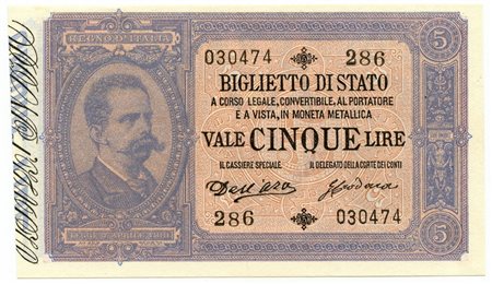  - 5 LIRE BIGLIETTO DI STATO EFFIGE UMBERTO I 01/03/1883.