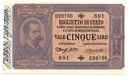  - 5 LIRE BIGLIETTO DI STATO EFFIGE UMBERTO I 25/10/1892 FDS-/FDS.