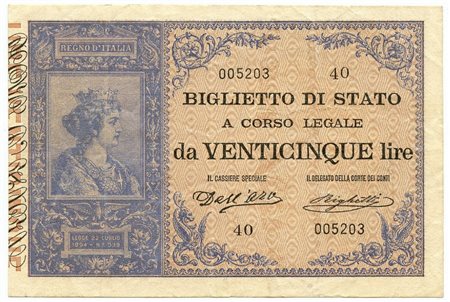  - 25 LIRE BIGLIETTO DI STATO REGNO UMBERTO I ITALIA TURRITA 21/07/1895 BB/SPL.