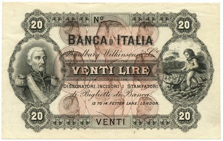  - 20 LIRE SPECIMEN BOZZETTO BRADBURY W. LONDRA PER BANCA D'ITALIA CIRCA 1885 qSPL.
