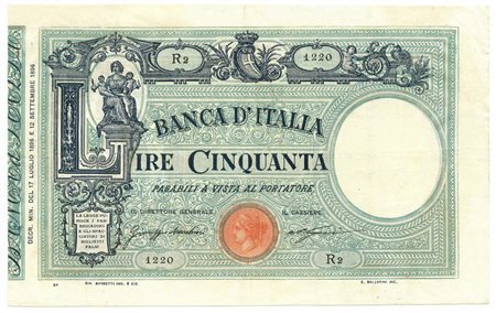  - 50 LIRE BARBETTI GRANDE L MATRICE LATERALE REGNO UMBERTO I 12/09/1896 MB.