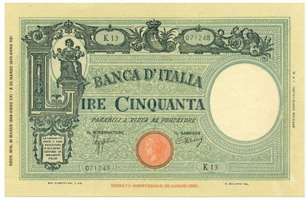  - 50 LIRE BARBETTI GRANDE L SENZA MATRICE FASCIO 31/03/1943 SUP.