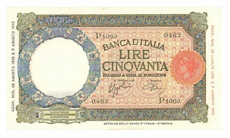  - 50 LIRE CAPRANESI LUPA CAPITOLINA MARGINE STRETTO BI L'AQUILA 23/08/1943 SUP-.