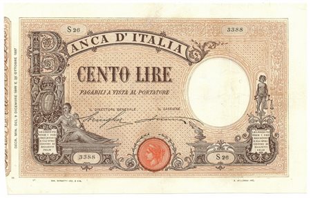  - 100 LIRE BARBETTI GRANDE B MATRICE LATERALE REGNO UMBERTO I 09/12/1899 MB.