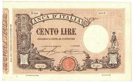  - 100 LIRE BARBETTI GRANDE B MATRICE LATERALE TESTINA DECRETO 01/02/1913 BB/SPL.