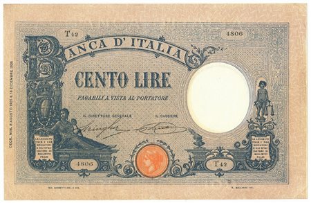  - 100 LIRE BARBETTI GRANDE B AZZURRO TESTINA DECRETO 08/08/1926 BB.