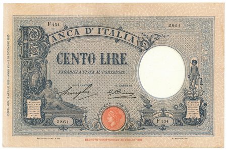  - 100 LIRE BARBETTI GRANDE B AZZURRO TESTINA FASCIO 12/04/1929 BB/BB+.
