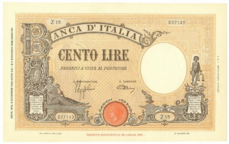  - 100 LIRE BARBETTI GRANDE B GIALLO TESTINA FASCIO 09/12/1942 SPL.