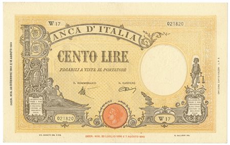  - 100 LIRE BARBETTI GRANDE B GIALLO TESTINA BI INTRONA 20/12/1944 BB+.