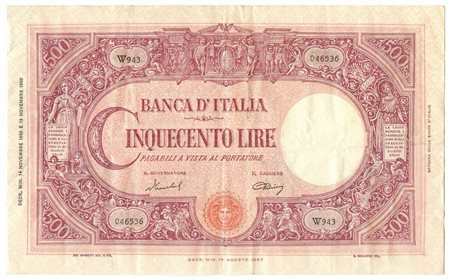  - 500 LIRE BARBETTI GRANDE C MEDUSA BI REPUBBLICA ITALIANA 14/11/1950 BB/BB+.