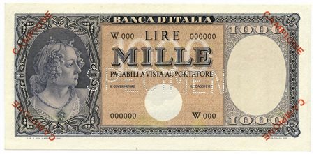  - 1000 LIRE CAMPIONE SPECIMEN ITALIA ORNATA DI PERLE 20/03/1947 qFDS.