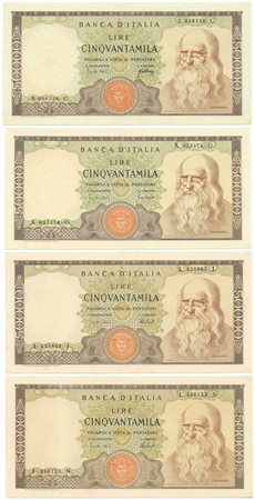  - LOTTO 4 BANCONOTE 50000 LIRE BANCA D'ITALIA LEONARDO 1967, 1970, 1972, 1974 BB/BB+.