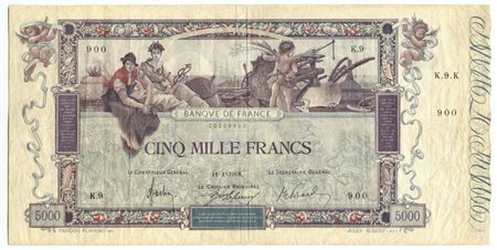  - 5000 FRANCS BANQUE DE FRANCE FLAMENG IMAGE WORKER SEATED 11/01/1918 MB/BB.
