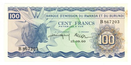  - 100 FRANCS BANQUE D’EMISSION DU RUWANDA ET DU BURUNDI 15/09/1960 SUP+.