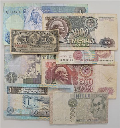  - LOTTO 8 BANCONOTE MONDIALI E 4 MONETE ITALIANE D'EPOCA.