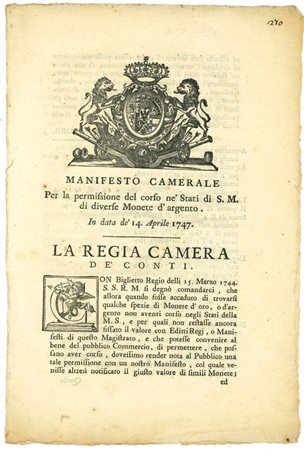  - 1747 - MANIFESTO CAMERALE MONETE ARGENTO REGNO DI SARDEGNA (4 PAG.).