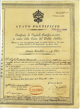  - 1822 - STATO PONTIFICIO - CERTIFICATO FRUTTIFERO - SERIE 1 LIBERA.