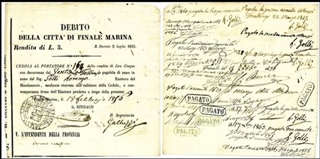  - 1855 - DEBITO DELLA CITTA' DI FINALE MARINA - 1 OBBLIGAZIONE.