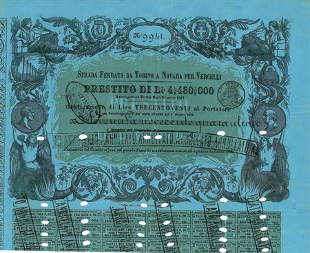  - 1856 - STRADA FERRATA DA TORINO A NOVARA PER VERCELLI 1 OBBLIG.