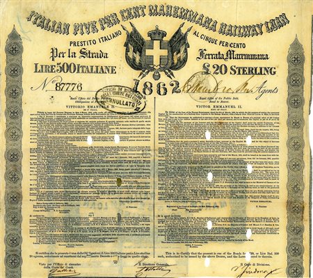  - 1862 - ITALIAN FIVE PER CENT MAREMMANA RAILWAY LOAN - TORINO.
