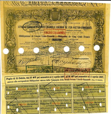  - 1863 - COMP. STRADA FERRATA VITTORIO EMANUELE - 1 OBBLIGAZIONE.