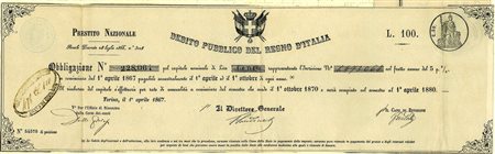  - 1867 - PRESTITO NAZIONALE CARTELLA PER OBBLIGAZIONE LIRE 100 N. 1 ISCRIZ. - REGNO D'ITALIA - TORINO.
