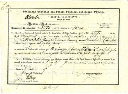  - 1871 - CERTIFICATO D'USUFRUTTO - RENDITA CONSOLIDATA 5% - FIRENZE.
