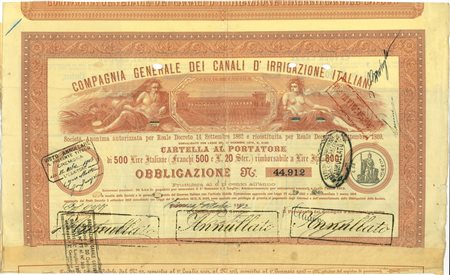  - 1892 - COMP. GEN. DEI CANALI ITALIANI D'IRRIGAZIONE ITALIANI - 1 OBB. TORINO.