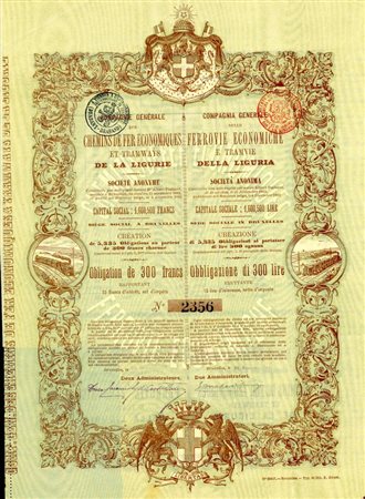  - 1892 - COMPAGNIA GENER DELLE FERROVIE ECONOMICHE E TRAMVIE DELLA LIGURIA 1 OBB. BRUXELLES.