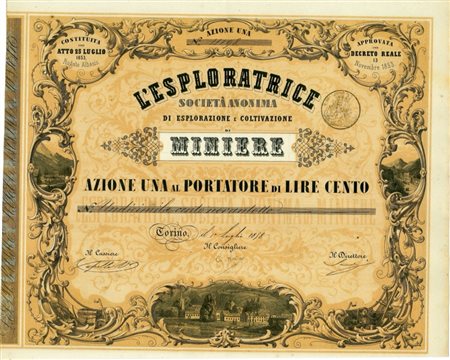  - 1898 - L'ESPLORATRICE (Miniere C. Benso Conte di Cavour) S.A. DI ESPLORAZIONE E COLTIVAZIONE DI MINIERE - 1 AZIONI TORINO.