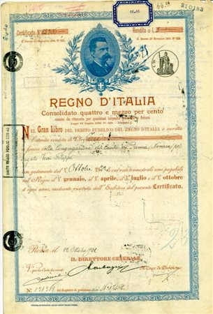  - 1900 - CERTIFICATO CONSOLIDATO 4,5% - DEB. PUBBLICO REGNO D'ITALIA ROMA (RE UMBERTO I).