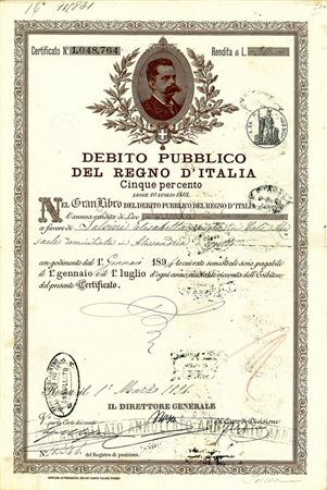  - 1901 - DEBITO PUBBLICO REGNO D'ITALIA UMBERTO I 5% RENDITA LIRE 125 - ROMA.