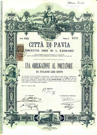  - 1906 - CITTA' DI PAVIA - 1 OBBLIGAZIONE.